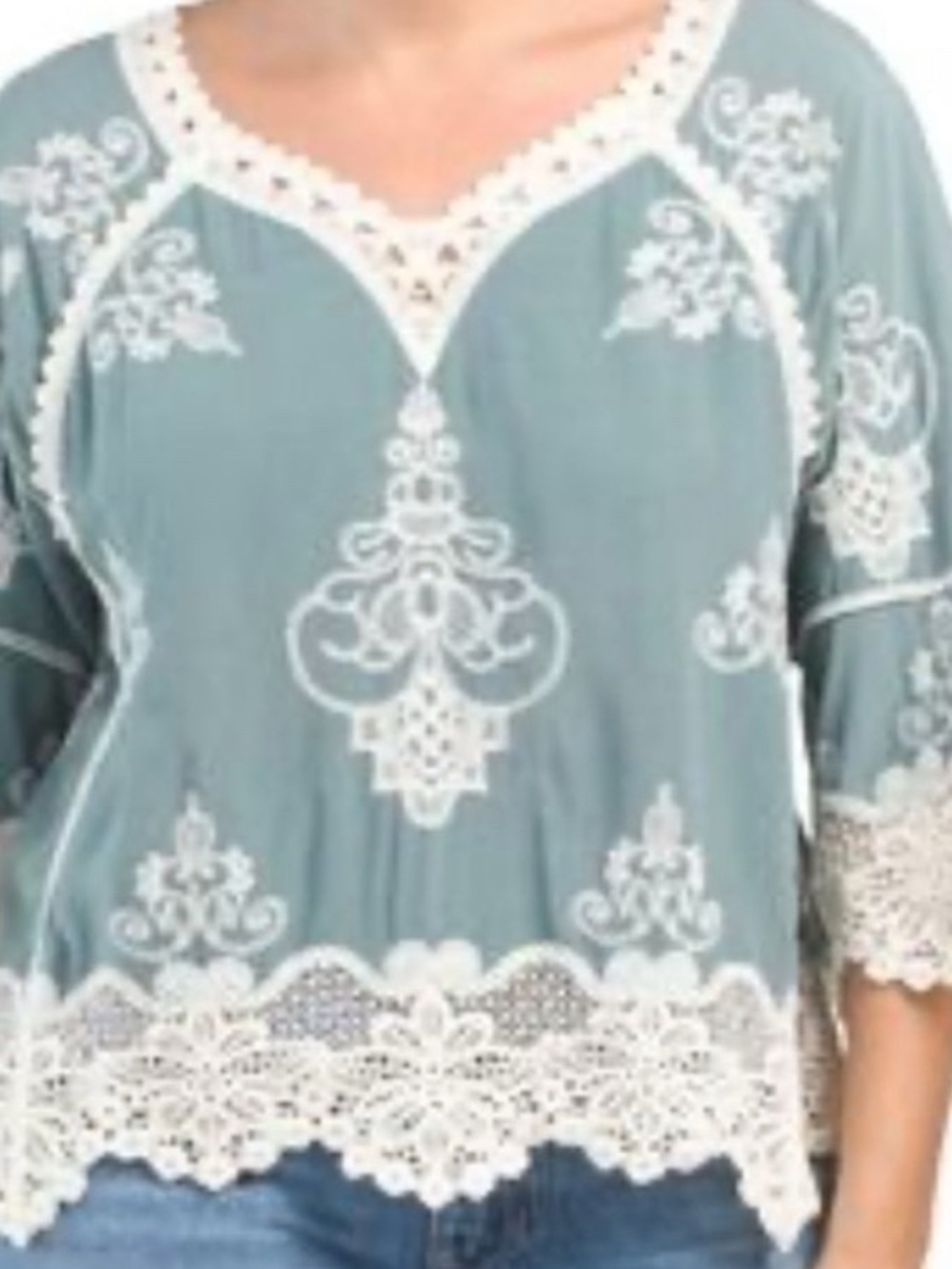 Boho Embroidered Lace-Trim Top in Dusty Teal - Women's